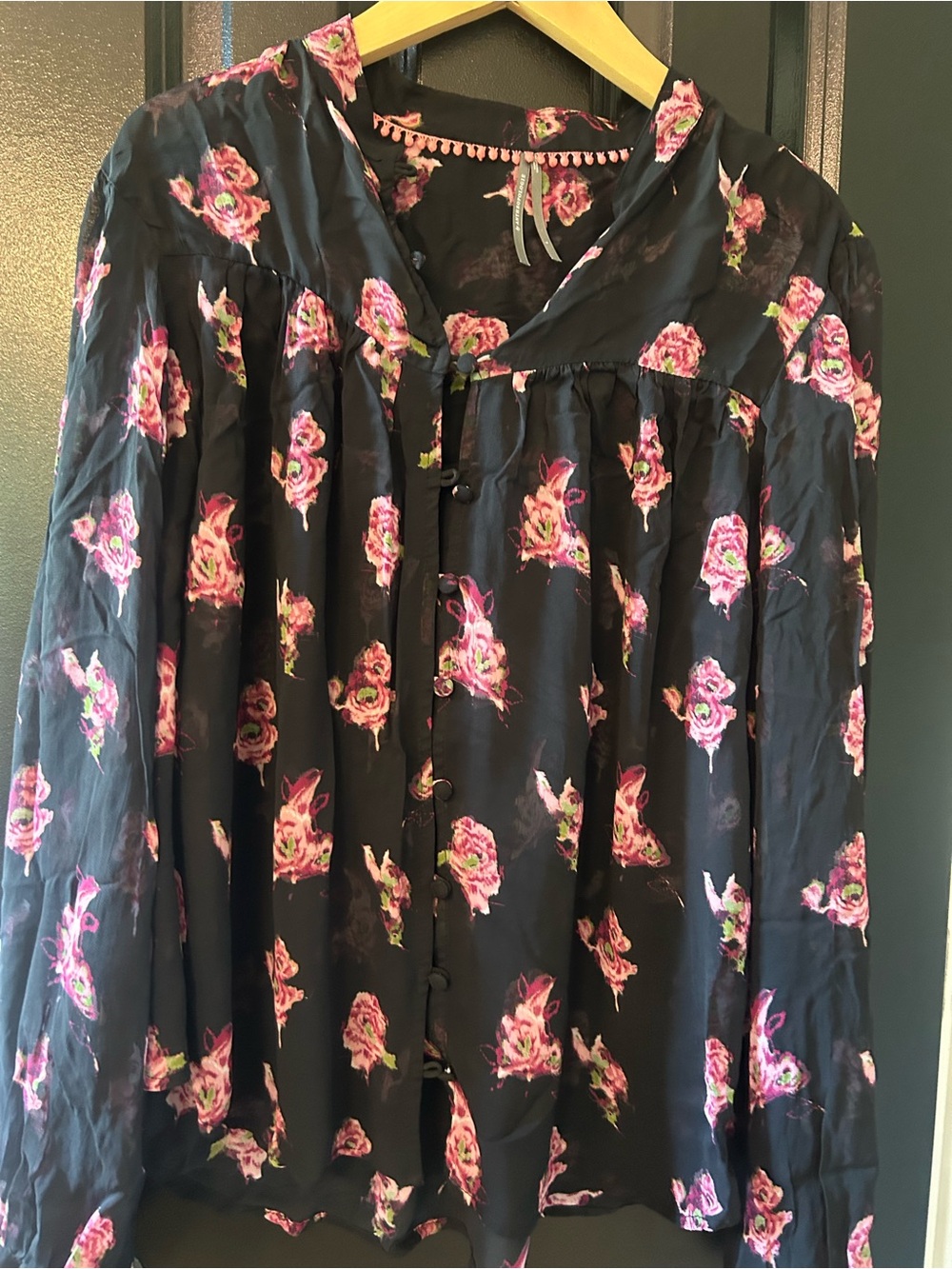Anthropologie Black Blouse with Pink Pom Trim and Rose Print